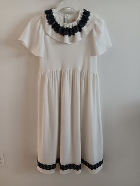 White Ruffled Dress with Navy Lace Trim
